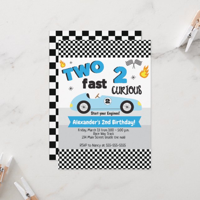 Two Fast 2 Curious Blue Racecar Boy Birthday Invitation (Front/Back In Situ)