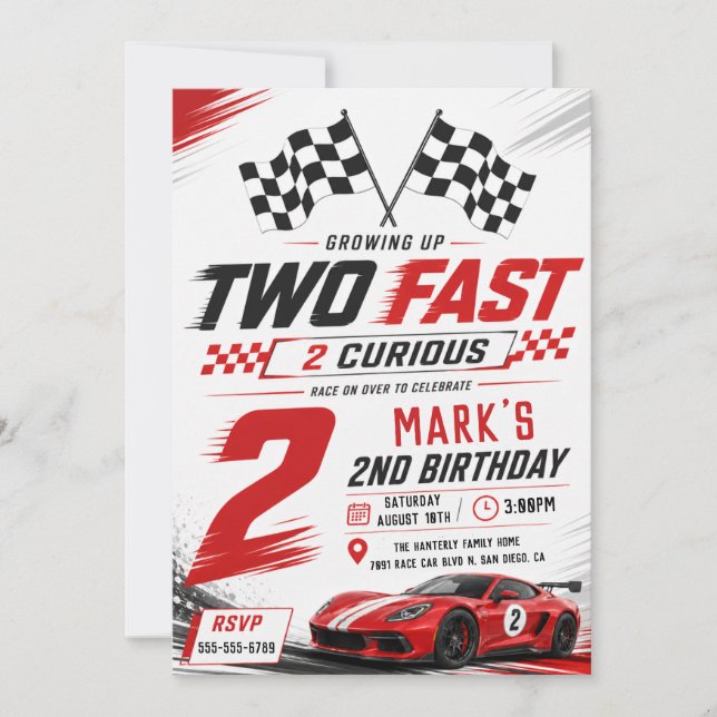 Two Fast 2 Curious Race Car 2nd Birthday Invitation (Front)