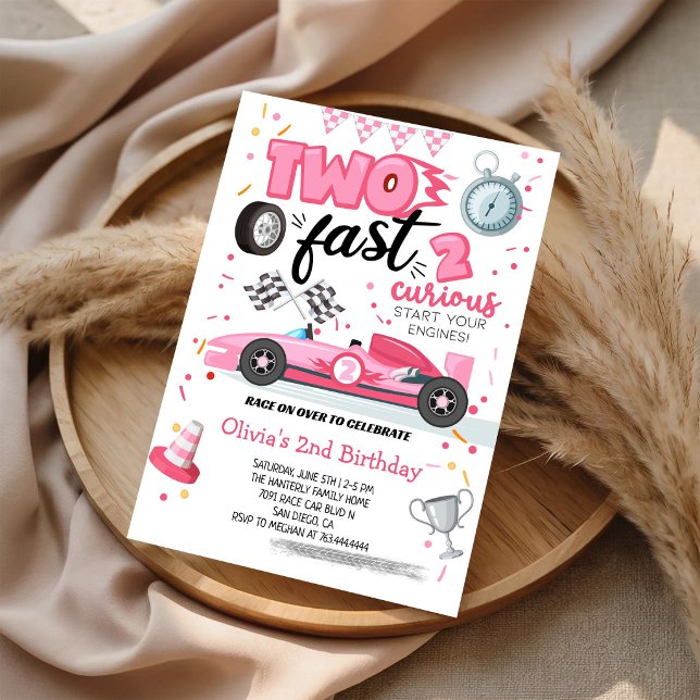Two Fast 2 Curious Racing Car Pink 2nd Birthday Invitation (Creator Uploaded)