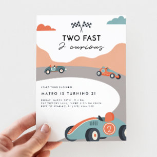 Two Fast 2 Curious Retro Race Car 2nd Birthday Invitation