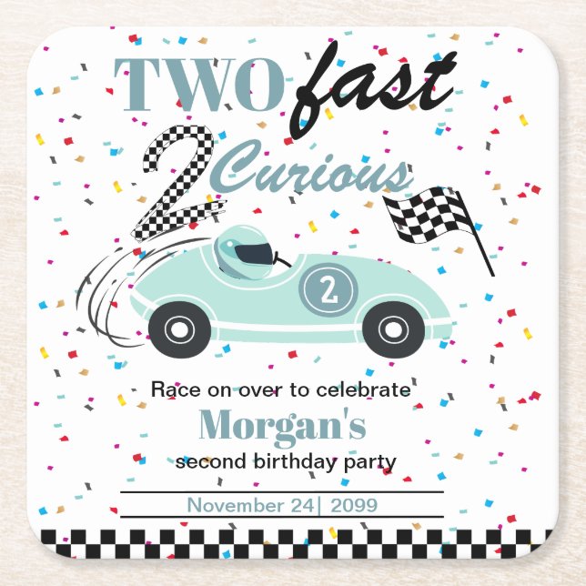Two Fast 2Curious Blue Sports Car Second Birthday  Square Paper Coaster (Front)