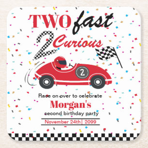 Two Fast 2Curious Red Sports Car Second Birthday  Square Paper Coaster