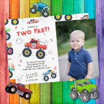 Two Fast 2nd Birthday Kids Monster Car Truck Photo Invitation<br><div class="desc">Two Fast 2nd Birthday Kids Monster Car Trucks Photo Invitation features cute and colourful monster car trucks with the text "Two Fast" in modern red typography script accented with the number 2 and doodles. Personalise with your favourite photo. Perfect for kids second birthday party celebrations. Send in the mail or...</div>