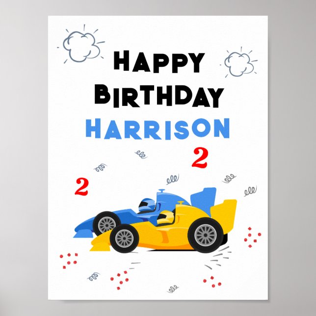 Two Fast 2nd Birthday Kids Racing Cars Name Poster (Front)
