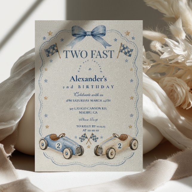 Two Fast Birthday Blue Bow Racing Invitation (Creator Uploaded)