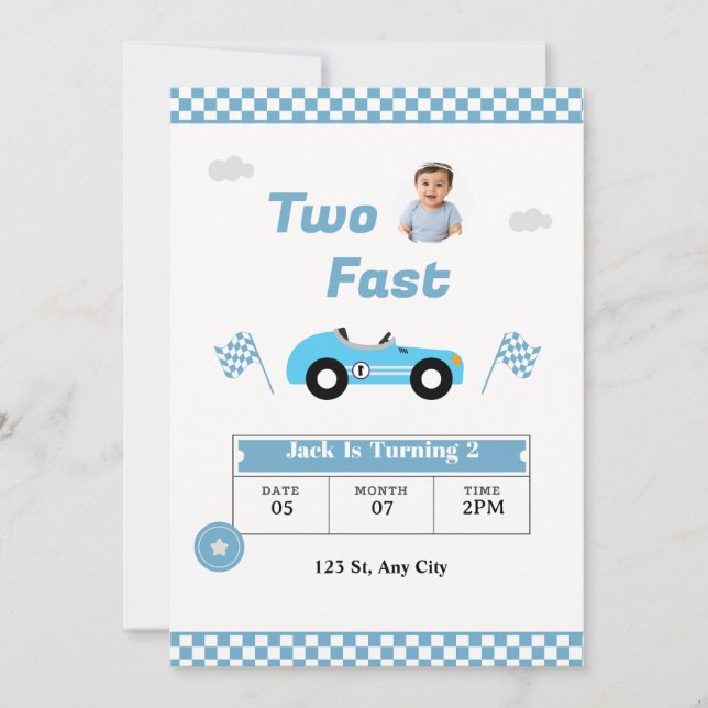 Two Fast  Birthday Invitation for Boy | Race Car (Front)
