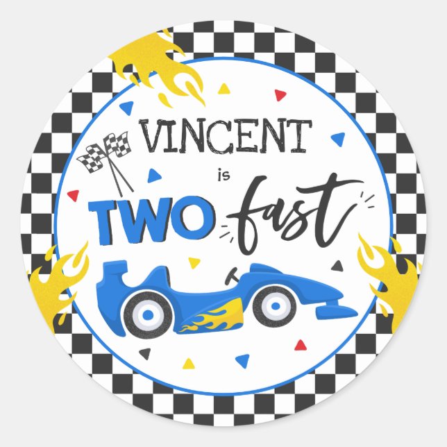 Two Fast Birthday Party Blue Race Car 2nd Birthday Classic Round Sticker (Front)