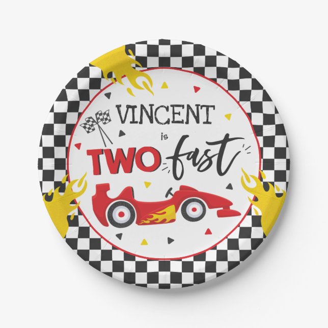 Two Fast Birthday Party Red Race Car 2nd Birthday Paper Plate (Front)
