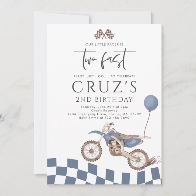 Two Fast Blue Dirt Bike Boy 2nd Birthday Party  Invitation (Front)