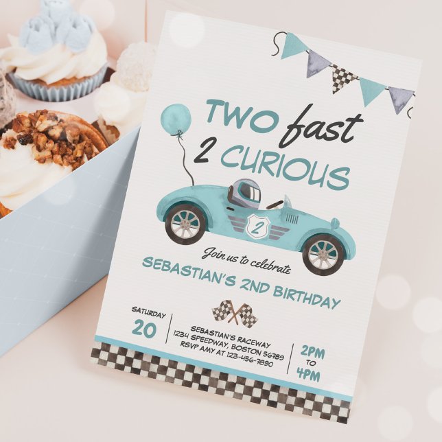 Two Fast Blue Race Car 2nd Birthday Invitation (Creator Uploaded)