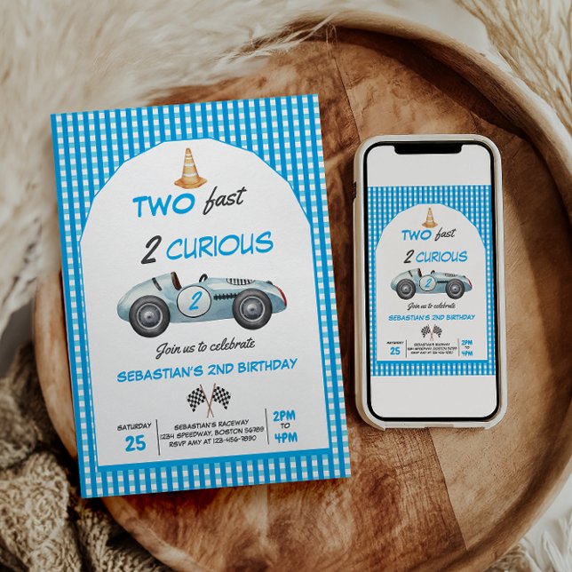 Two Fast Blue Race Car 2nd Birthday Invitation (Creator Uploaded)
