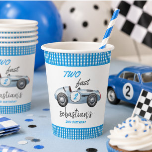Two Fast Blue Race Car 2nd Birthday Invitation Paper Cups