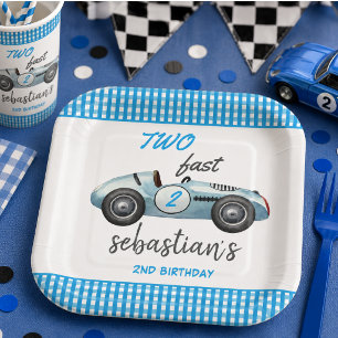 Two Fast Blue Race Car 2nd Birthday Invitation Paper Plate