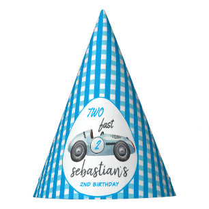 Two Fast Blue Race Car 2nd Birthday Invitation Party Hat