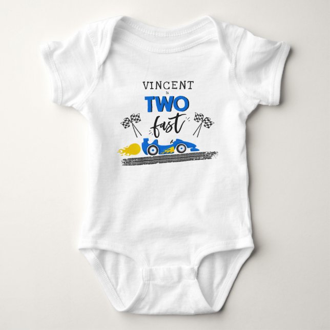 Two Fast Blue Race Car 2nd Birthday Party Outfit Baby Bodysuit (Front)