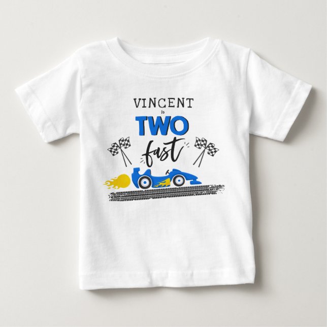 Two Fast Blue Race Car 2nd Birthday Party Outfit Baby T-Shirt (Front)