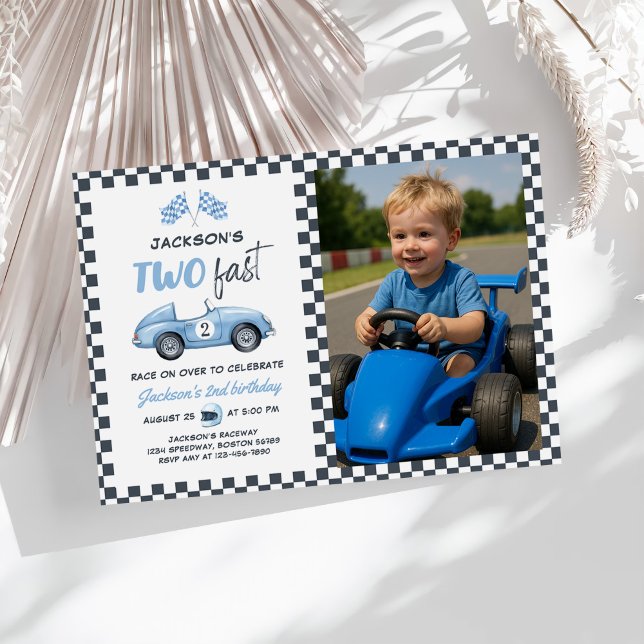 Two Fast Blue Race Car 2nd Birthday Photo Invitation (Creator Uploaded)