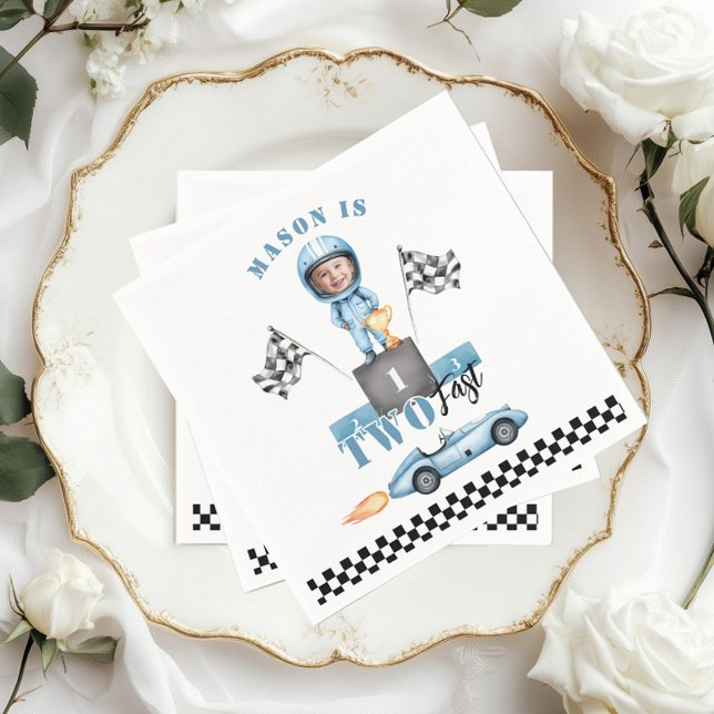 Two Fast Blue race car 2nd Photo Birthday Napkin (Creator Uploaded)