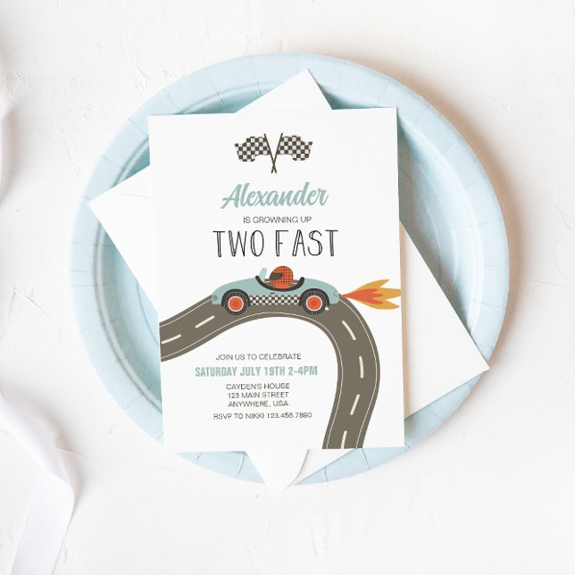 Two Fast BLUE Race Car Birthday Invitation (Creator Uploaded)