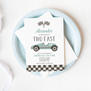 Two Fast BLUE Race Car Birthday Invitation