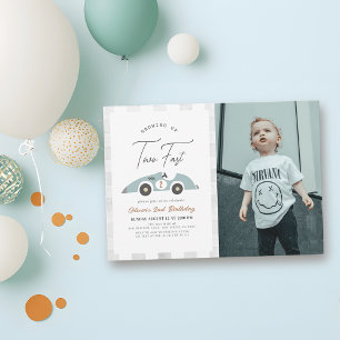 Two Fast Blue Race Car Boy 2nd Birthday Invitation