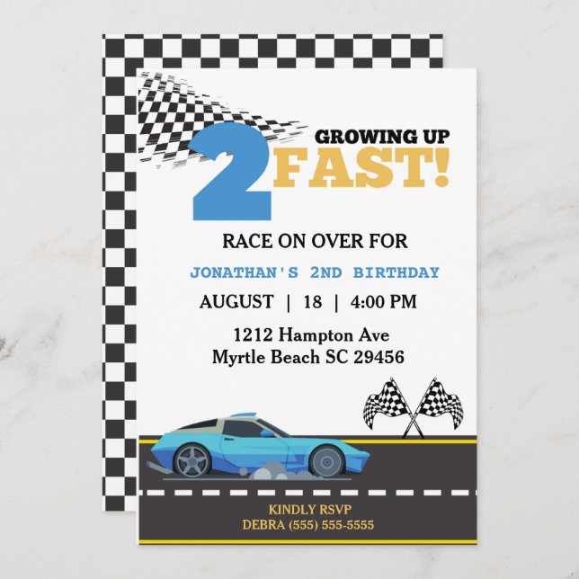 Two Fast Blue Race Car Boy 2nd Birthday Party   Invitation (Front/Back)