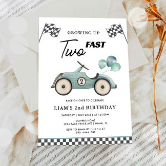 TWO Fast Blue Race Car Boys 2nd Birthday Invitation