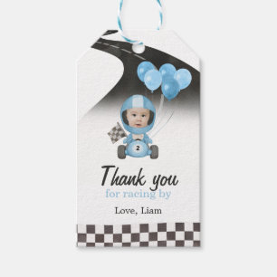 Two Fast Blue Race Car Custom Photo 2nd Birthday Gift Tags