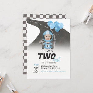Two Fast Blue Race Car Custom Photo 2nd Birthday Invitation