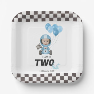 Two Fast Blue Race Car Custom Photo 2nd Birthday Paper Plate