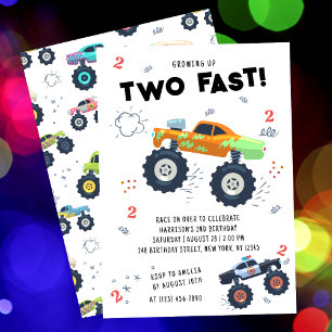 Two Fast Colourful Monster Truck 2nd Birthday Invitation
