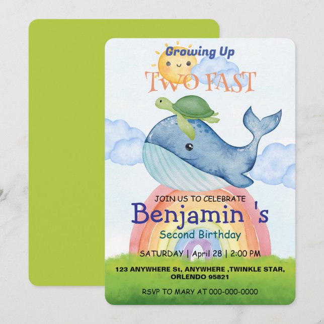 Two fast Cute rainbow sun turtle Whale Birthday Invitation (Front/Back)