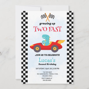Two Fast Dinosaur Race Car 2nd Birthday Party Invitation