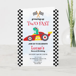 Two Fast Dinosaur Race Car 2nd Birthday Party Invitation