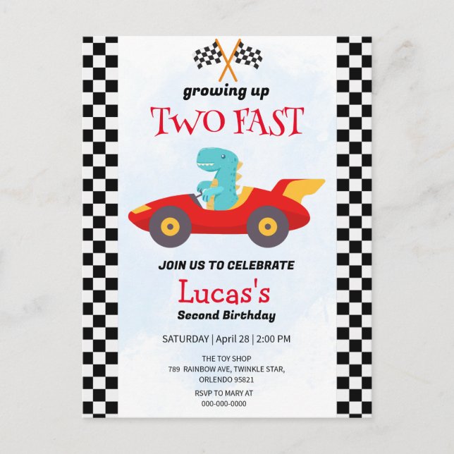 Two Fast Dinosaur Race Car 2nd Birthday Party  Postcard (Front)
