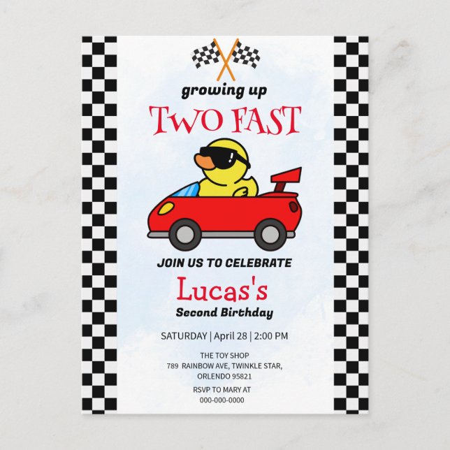 Two Fast Dinosaur Race Car 2nd Birthday Party  Postcard (Front)