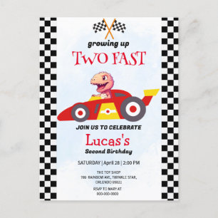 Two Fast Dinosaur Race Car 2nd Birthday Party  Postcard