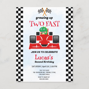 Two Fast Dinosaur Race Car 2nd Birthday Party  Postcard