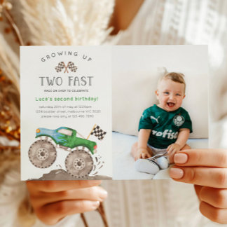 Two Fast Green Monster Truck Birthday Photo Invitation
