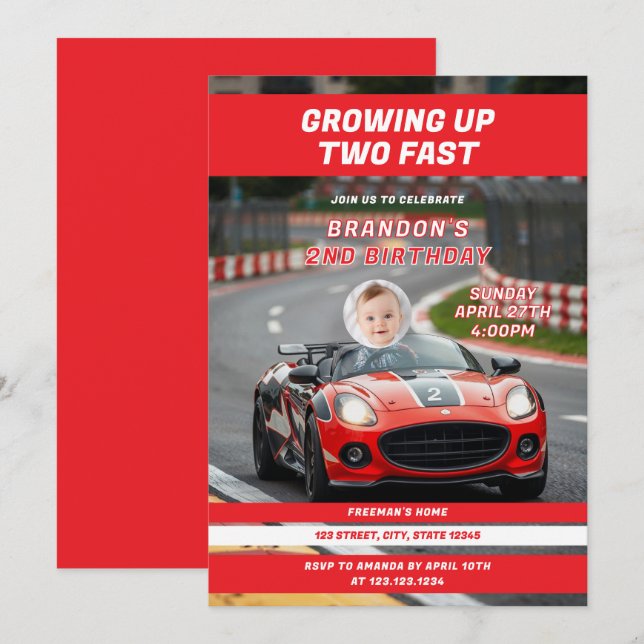 Two Fast Growing Up 2nd Birthday Photo Invitation (Front/Back)