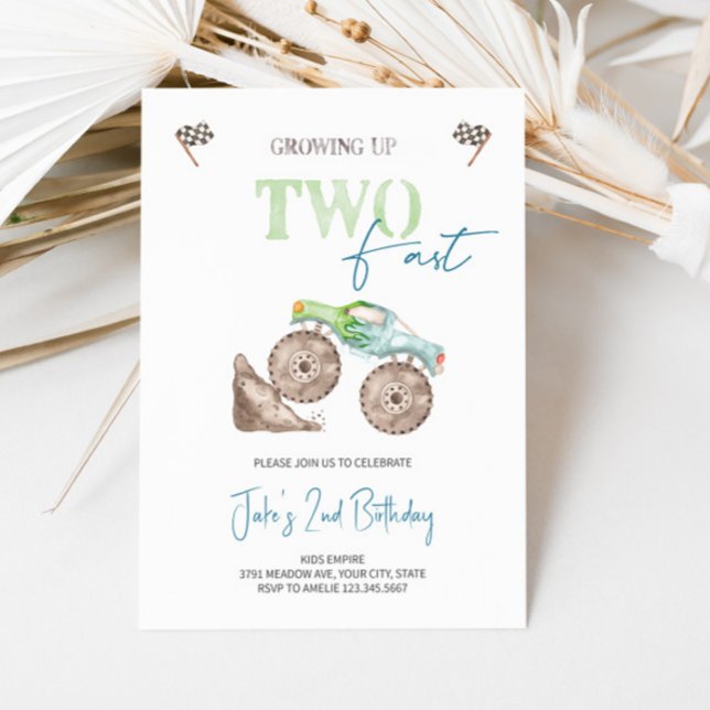 TWO Fast Light Green Monster Truck Invitation  (Creator Uploaded)