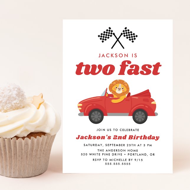 Two Fast Lion Red Race Car Boy 2nd Birthday Invitation (Creator Uploaded)