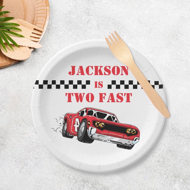 Two Fast Modern Red Race Car Boy 2nd Birthday Paper Plate (Creator Uploaded)