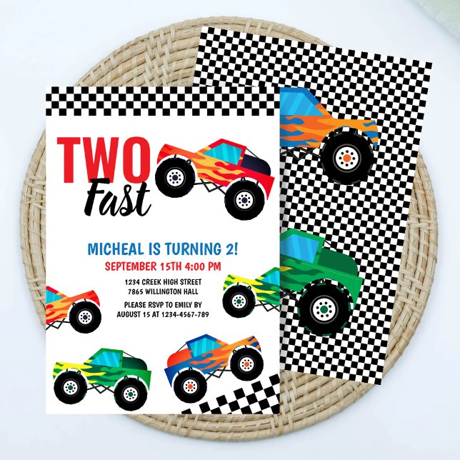 Two Fast Monster Truck Race 2nd Birthday  Invitation (Creator Uploaded)