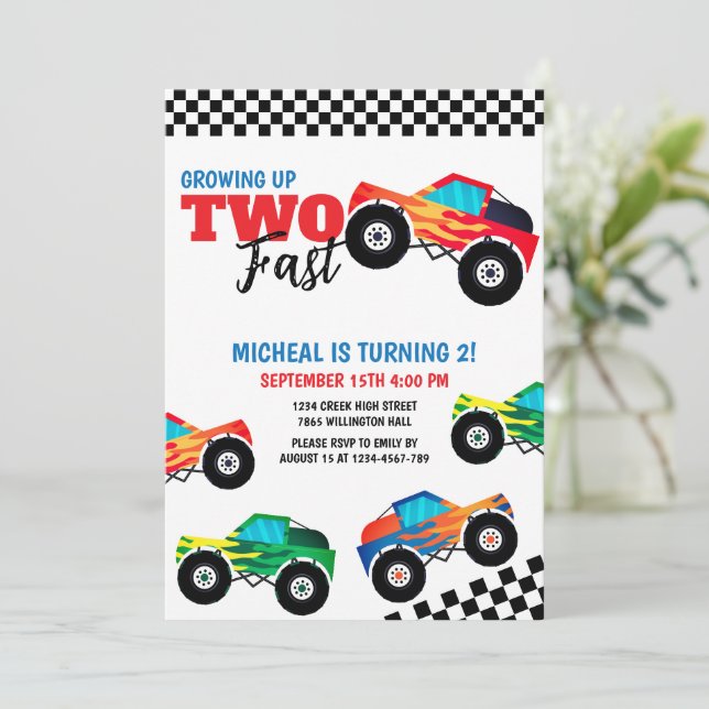 Two Fast Monster Truck Second Birthday Invitation (Standing Front)