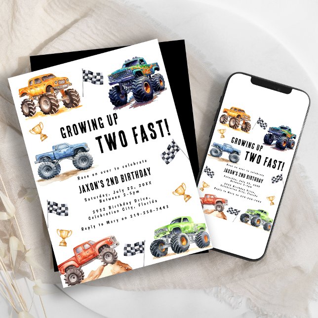 Two Fast Monster Trucks 2nd Birthday Party Invitation (Creator Uploaded)