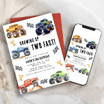 Two Fast Monster Trucks 2nd Birthday Party Invitation<br><div class="desc">Attention all little party animals! Get ready to rev up the fun with our Growing up Two Fast! Birthday Kids Monster Car Trucks Invitation. Adorned with adorable and vibrant monster car trucks, this modern typography script invites you to join in on the celebration. Let's roar into the 2nd year of...</div>