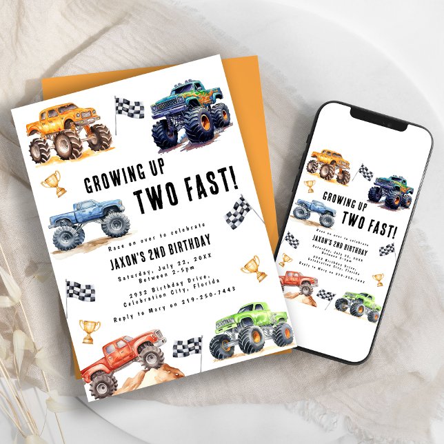Two Fast Monster Trucks 2nd Birthday Party Invitation (Creator Uploaded)