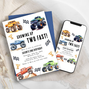 Two Fast Monster Trucks 2nd Birthday Party Invitation