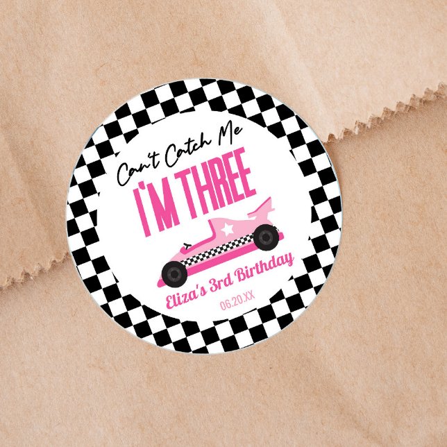 Two Fast Pink Race Car 2nd Birthday Party Classic Round Sticker (Creator Uploaded)
